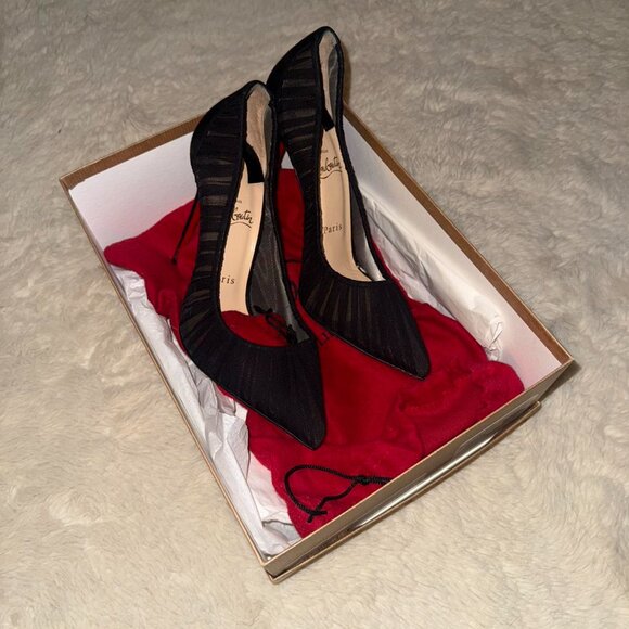 Black and red Christian Louboutin FOLLIE DRAPERIA 100 CHIFFON/SUEDE high heels - Picture 1 of 5